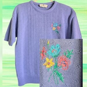 💐Vintage Embroidered Floral Knit Short Sleeved Lavender Sweater💐